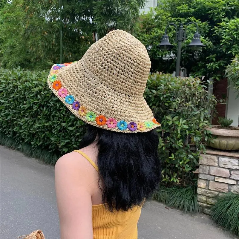 Geniş Memlu Şapkalar Güneş şapkası Kadınlar Yaz Çiçek Saman Tığ işi Kova Katlanabilir Panama Kapağı Balıkçılık Tatil Plajı