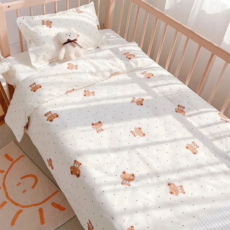 3Pcs Set born Baby Cot Sheet Duvet Cover Case Pillowcase Cotton Cartoon Print Crib Flat Bed Infant Toddlers Beddings 240325