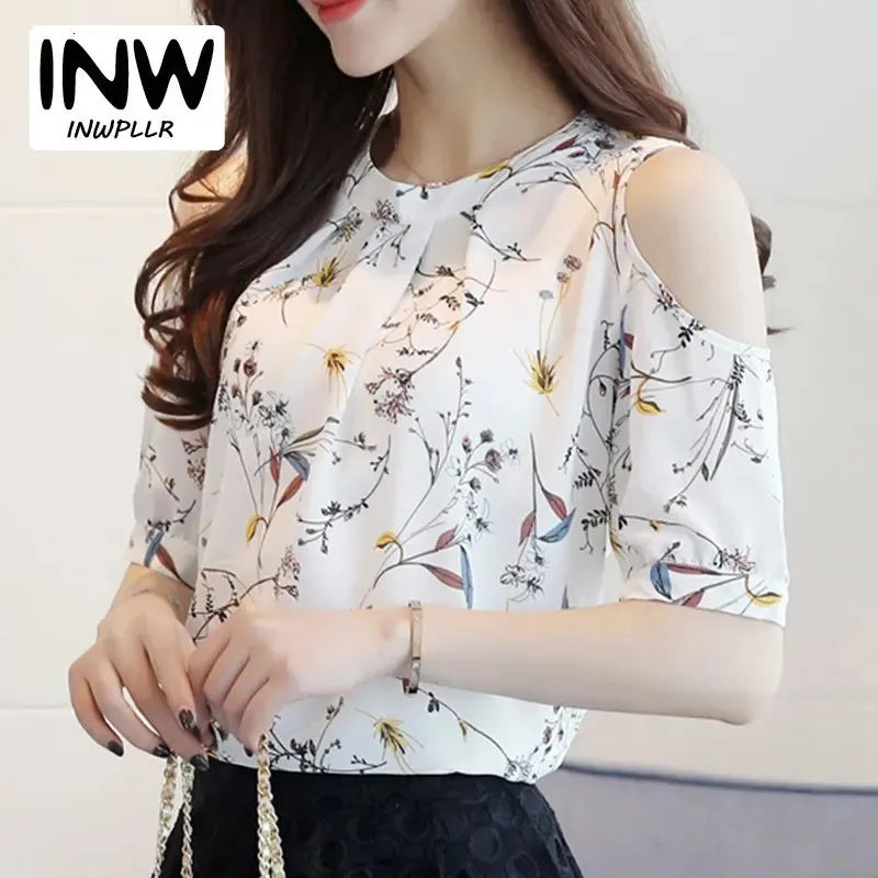 Summer Style Floral Shirt For Womens Elegant Open Shoulder Blouses Chiffon Print Blusas Women Ete Plus Size Female Tops240402