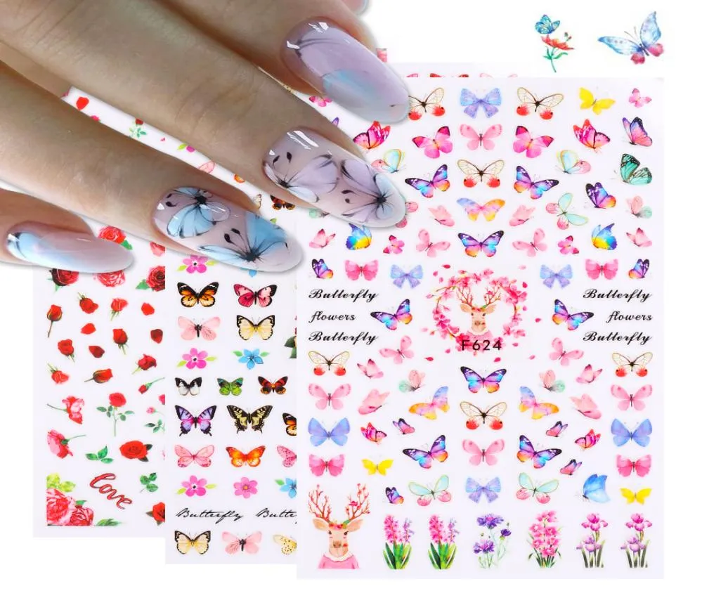 Adesivos de unhas de butterfly deslizantes em 3d Flores coloridas adesivas de rosa vermelha Decalques de manicure pregos folhas de tatuagem de tatuagem NP0035659738