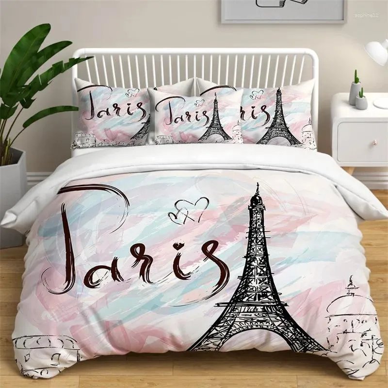 Sängkläder sätter Eiffeltornets täcke omslag Set Romantic Paris French Style Home Decor CityScape Quilt King for Girls Boys