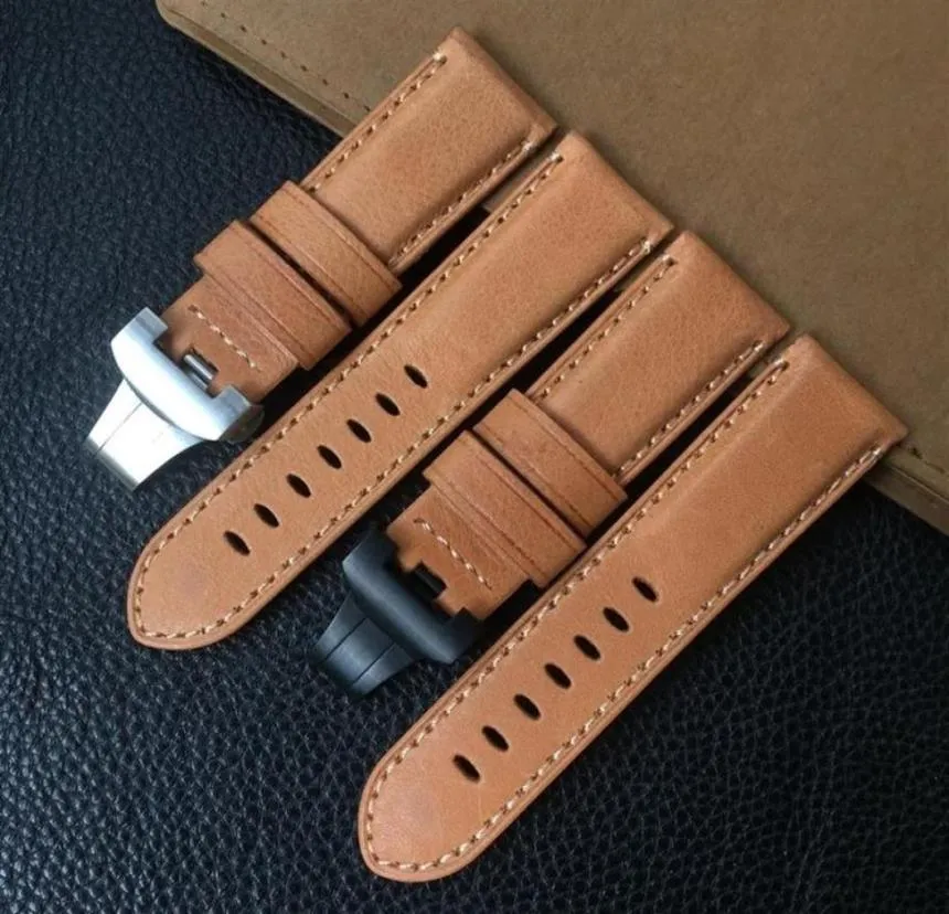 Assistir bandas de qualidade 24 mm de 24 mm marrom claro Vintage Itália Bandeira de couro genuíno para Pam111 Pam441 Pam Strap Butterfly Buckle Style Be3817013