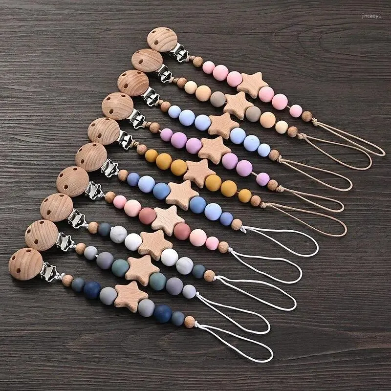 Pièces de poussette Baby Pacificier Chain Clips Wood Pentagram Teether Silicone Rounds Perles de dents pour soins