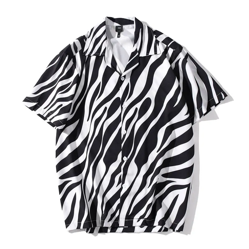 Zebra baskı sokak moda baju ootd lelaki stil dönüş-down yaka vintage tarzı erkek gömlekler kısa kollu