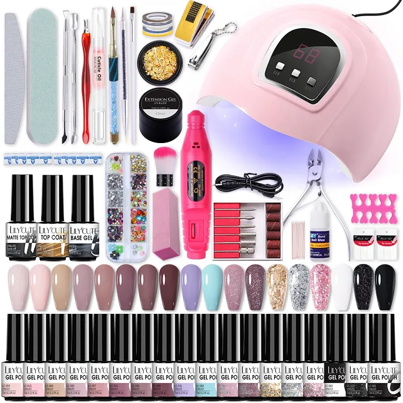 Connecteurs Lilycute Set Sècheur de lampe à LED UV avec 18/12 PCS Gel Gel POLOST SAAAK OFF MANICURE TOODS SETL ELECTRIC Nail Force Nail Tool