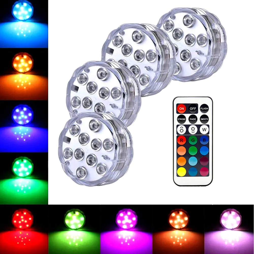 IP68 Waterproof RGB Color 10 LED Submersible Light &Remote Controller Diving Lights Underwater Pool Lamp for Aquarium D2.0