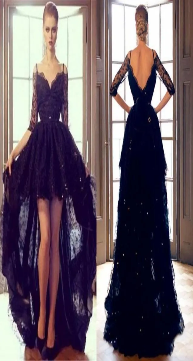 2019 Black Lace Hi Lo Evening Formal Dresses Sequins Sexy Off Shoulder High Low Half Sleeves Prom Party Dress2717157
