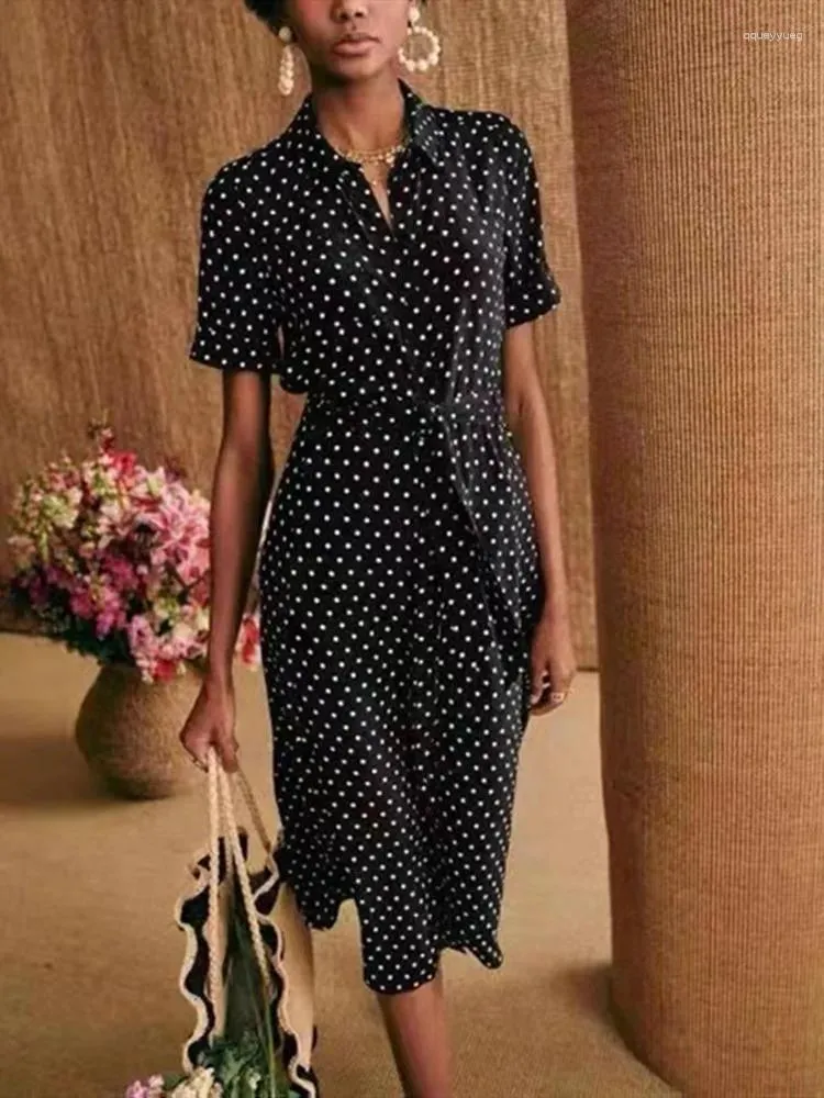 Party Dresses White Polka Dot Print Women Black Mid-Calf Dress with Pocket Sashes Turn-Down Collar Lady Single Breasted Short Sleeve Robe