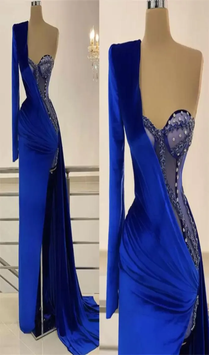 2022 Nieuwe Royal Blue Velvet Mermaid Prom Dresses One Shoulder Side Split kralen avondjurk op maat gemaakte appliques ruches vloer LE5133540