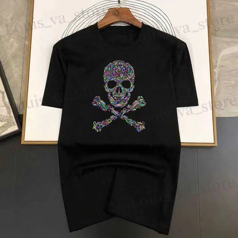 T-shirts masculins Black and White Shard Skull Imprimement d'été T-shirt de haute qualité Femme Coton Coton Slve Casual Ts Oversize Strtwear T240408