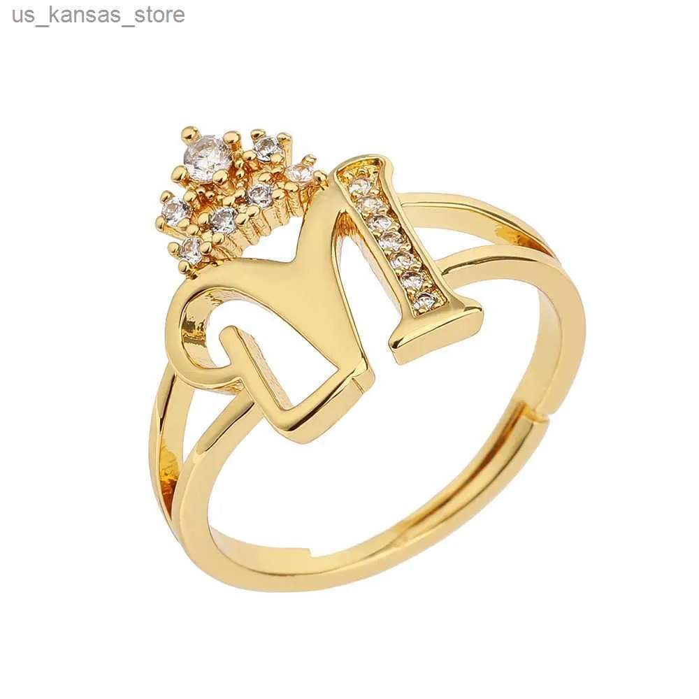 Anelli a grappolo anello di lettera aperta con corona zirconica per donne con micro zircone ad anello di rame oro regolabile ad anello di rame oro di moda CZ Birthday Gift240408