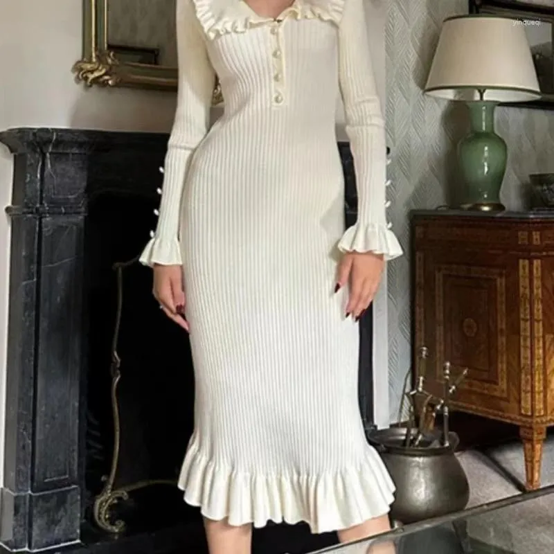 Casual Dresses Dress for Women Elegance High-End Lapel Ruffled Fashion Design Sense Slim Knit tröja