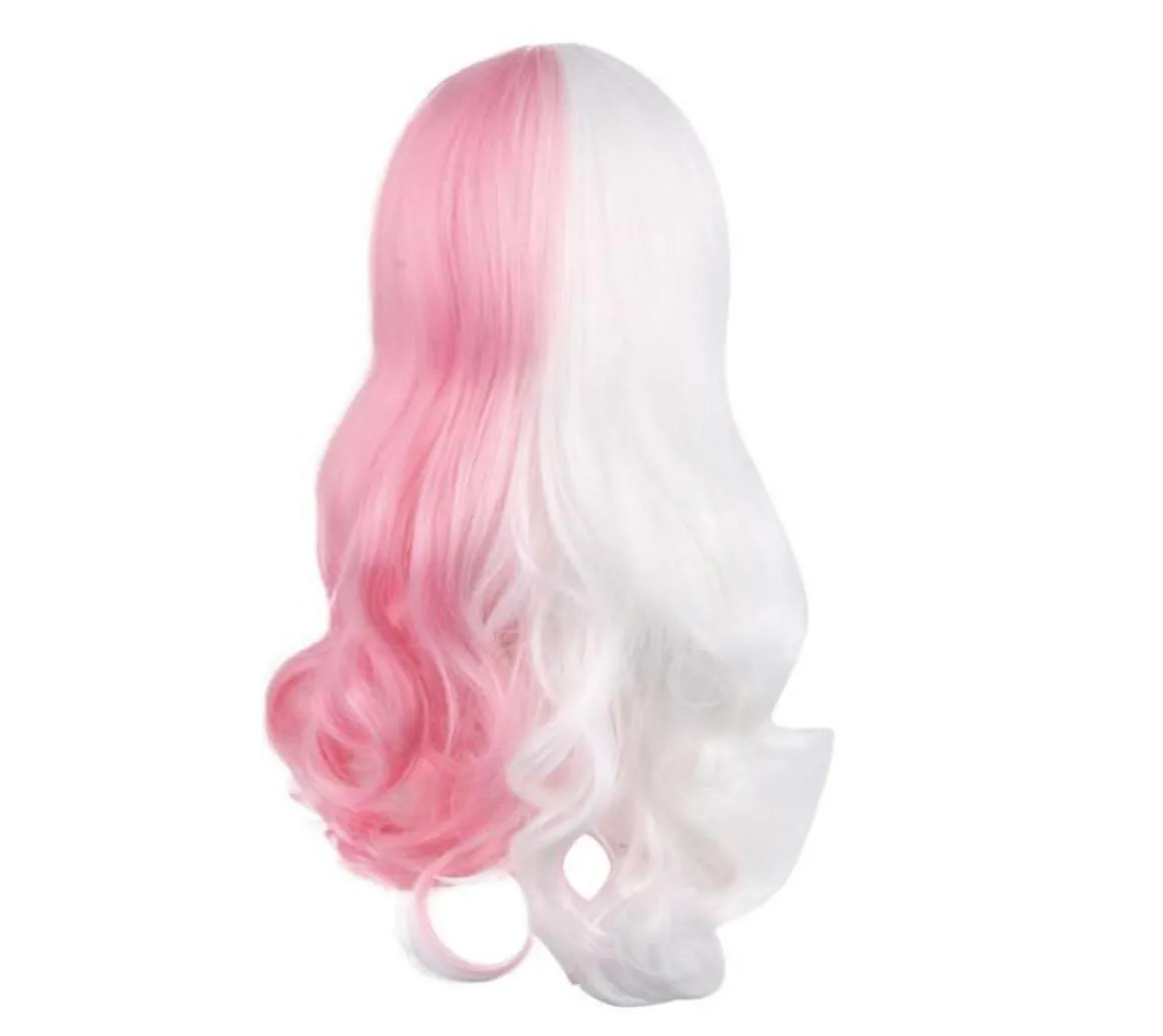 Anime Danganronpa Monomi Women Long Curly Peruka Cosplay Cosplay Dangan Ronpa White Pink Mix Syntetyczne włosy Halloweenowe partie 827585020713