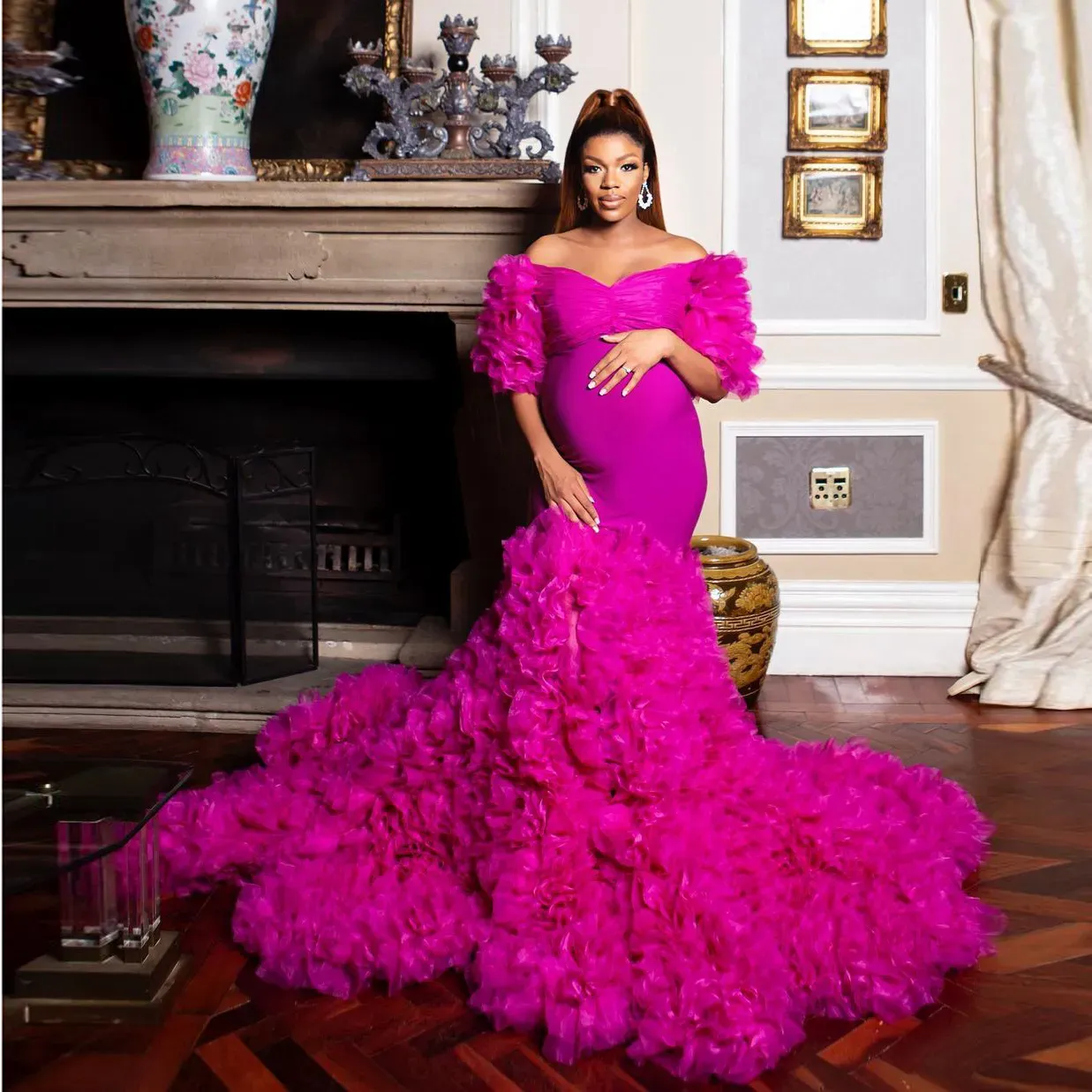 2024 Vestidos de noche de moda Fucsia Mangas hinchadas Mermaid Maternity Vestido de maternidad Luxury Lux Tulle Ruffles Vestidos de embarazo a Brotes de Fotografía