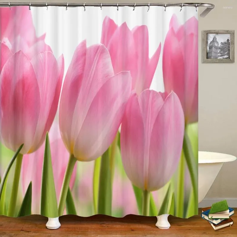 Занавески для душа 180x200 см. Занавес в ванной комнате 3D красивая тюльпан цветочная печать Водонепроницаемое полиэфирное украшение дома с крючком