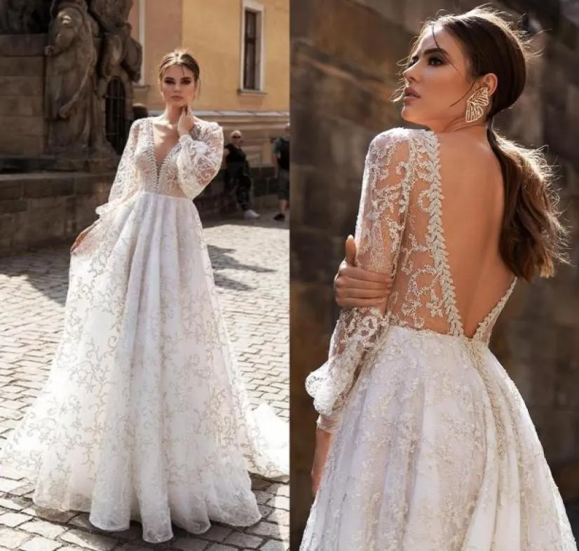 Bohemian 2022 A Line Wedding Dresses Lace Applique Long Sleeve V Neck Bridal Gowns Pärled Boho Beach Abiti DA SPOSA6755054