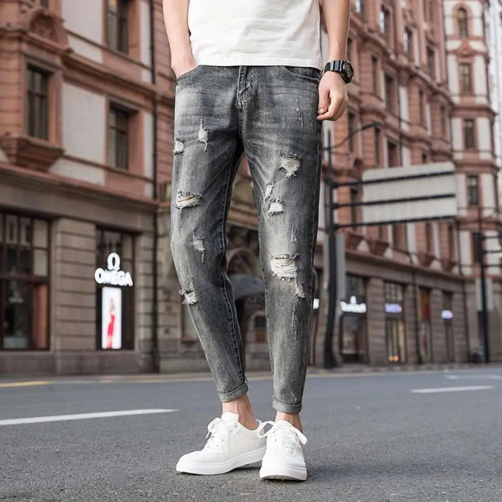 Men's Spring Distressed Cropped Jeans, Men's Trendy Brand Loose Straight Fitting Small Leg Korean Version Trendy and Versatile Pants