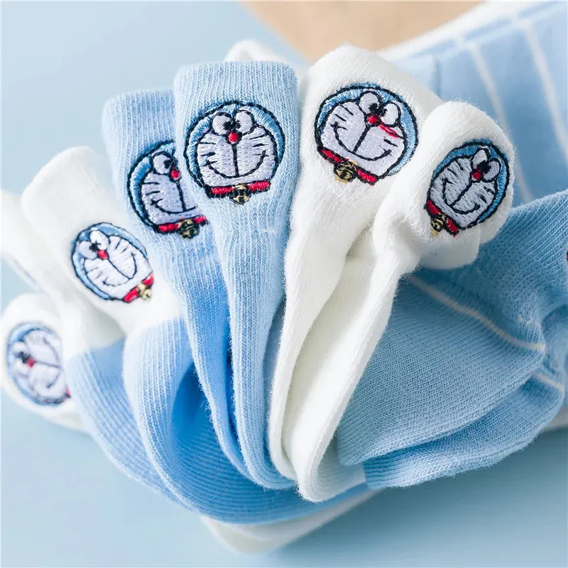 5 Pairs of Socks Female Blue Cartoon Anime Heel Embroidery Cute Sweet Japanese Shallow Mouth Boat Kawaii 240408