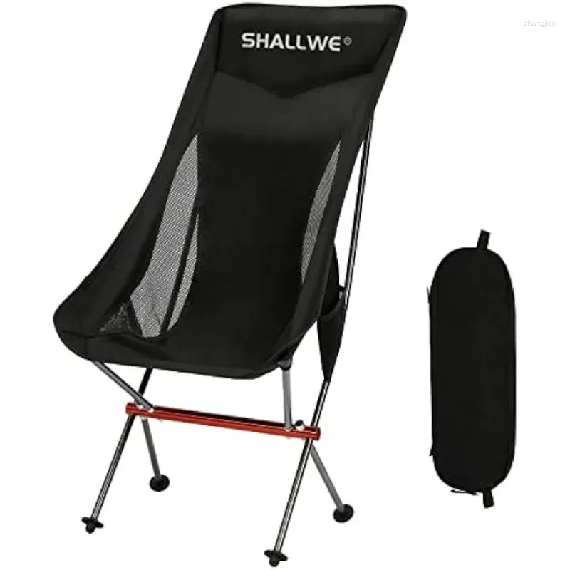 Camp Furniture SHALLWE Ultralight High Back Folding Camping Chair Upgraded All Aluminum Structure Built-in Pillow Side Pocket & Carry Bag