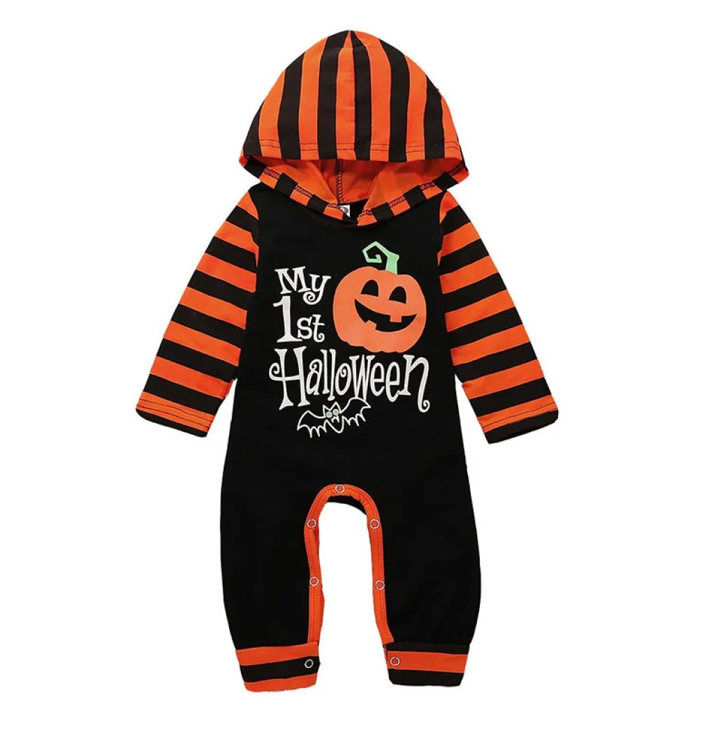 Halloween kostym baby flickor pojkar pumpa brev tryck romer barn rand långärmad huva jumpsuits höstbarn klättring cl1606838