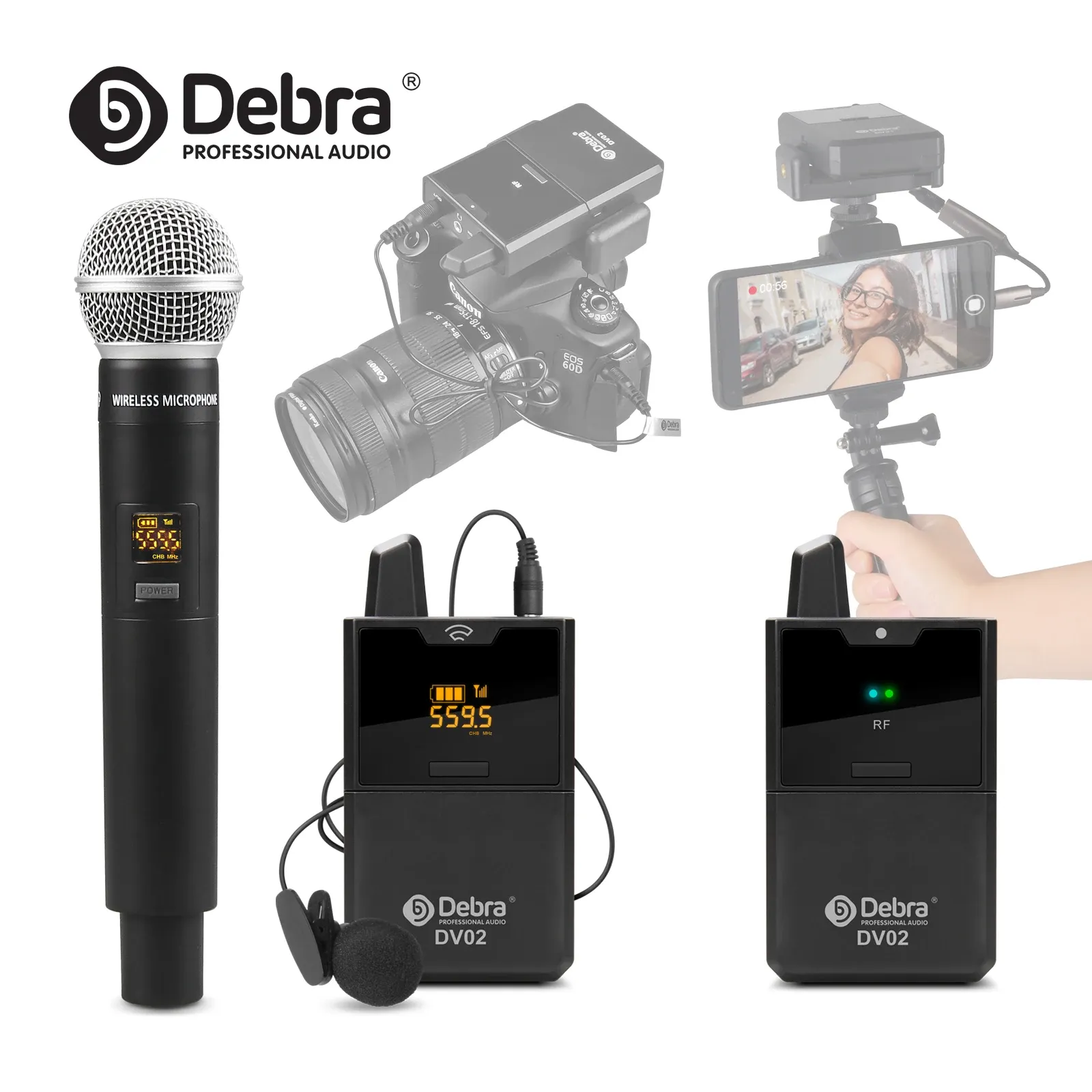 Microphones Debra DV UHF Wireless Lavalier / Handheld Microphone With Audio Monitor 50m pour les téléphones DSLR Cameras Recording Interview