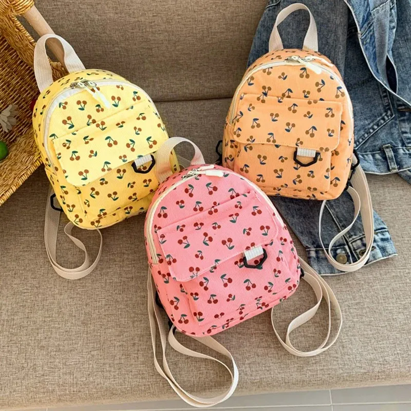 Cute Mini Backpacks Corduroy Cherry Print: Small Womens Shoulder
