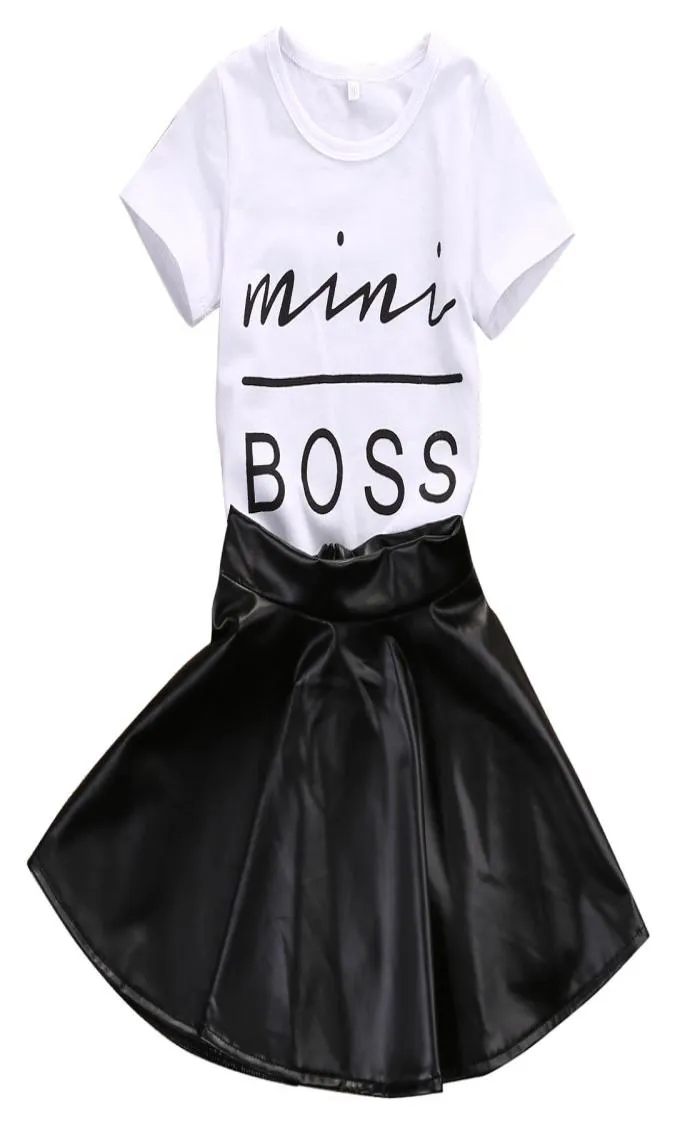 2018 Nya mode småbarn barnflickkläder set Summer Short Sleeve Mini Boss Tshirt Topps Läderkjol 2st.