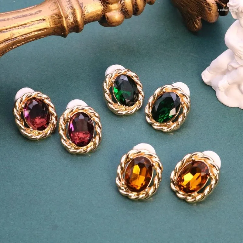 Stud Earrings Oval Shape Yellow Purple Green Faceted Glass Vintage Accessories For Women