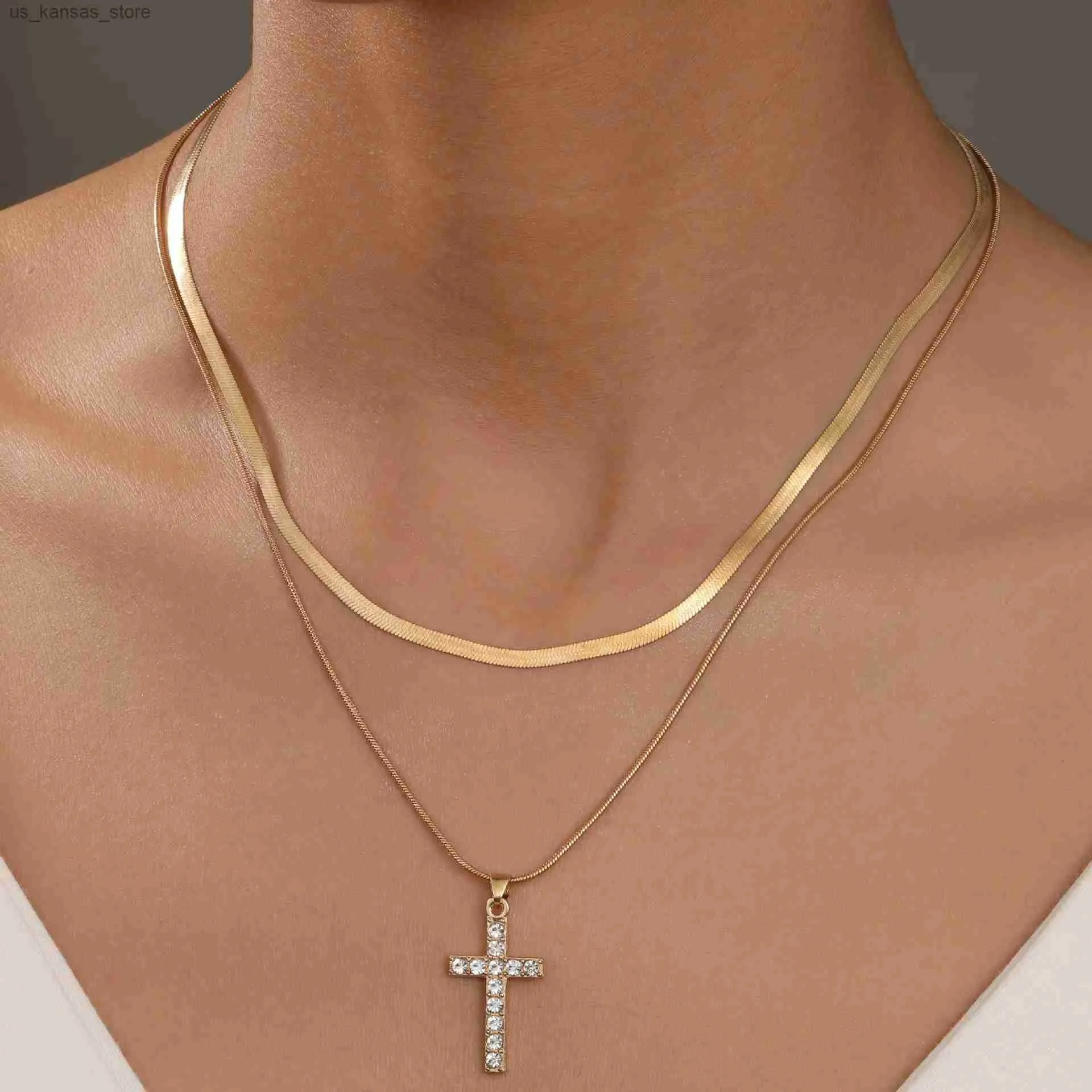 Pendant Necklaces Fashion Zircon Cross Pendant Necklace For Women Gold Color Korean Exquisite Double Layer Neckalces 2024 Trend Jewelry Gifts240FWAX