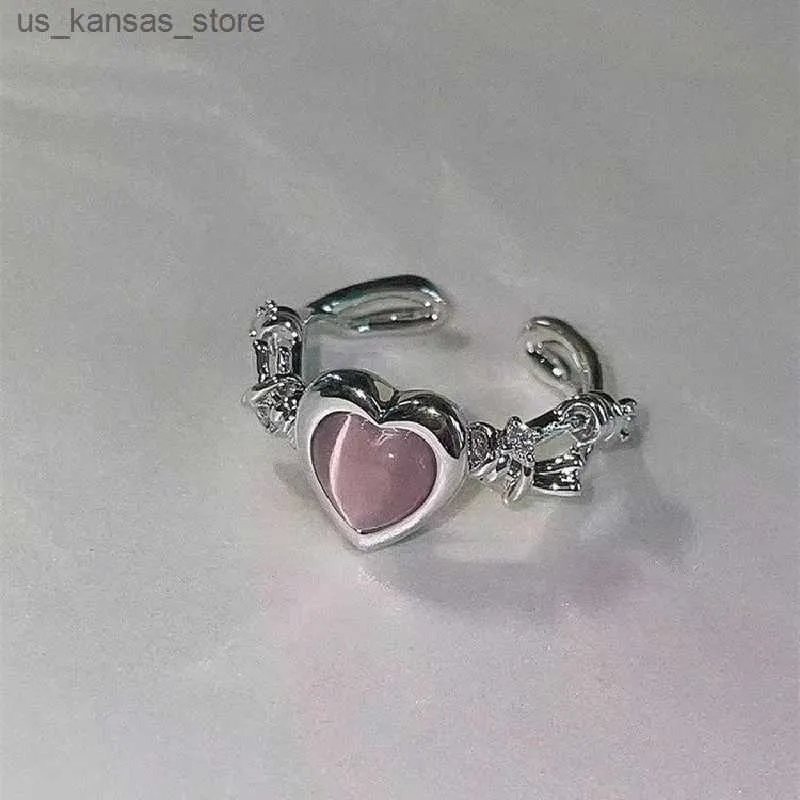 Anelli a grappolo Y2K Fashion Pink Heart Ring Gat Eye Eye Heart Heart Regolabile Design High -End Ring Fedding Gioielli Gift Wholesale240408