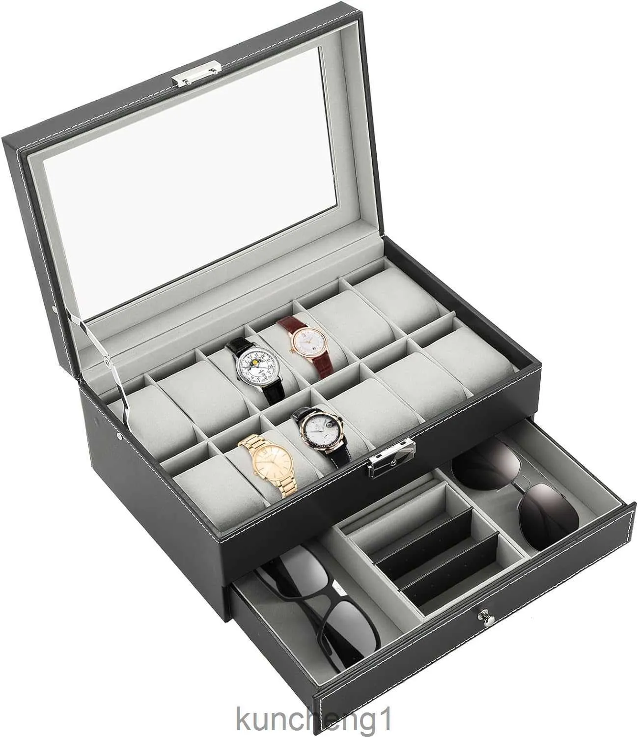 Myly de 12 tragamonedas estuche con cajón organizador de joyas para mujeres Men PU Ratio de cuero Caja de colección con tapa de vidrio R EMOVABLE I ILLOWS2 L AYERSW ATCHO RGANIZERB OXF