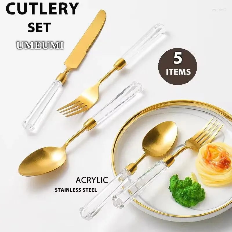Dinnerware Sets Umeumi Cutlery Conjunto de acessórios de cozinha 5 Prems acrílico transparente ouro aço inoxidável Restaurante de mesa de mesa