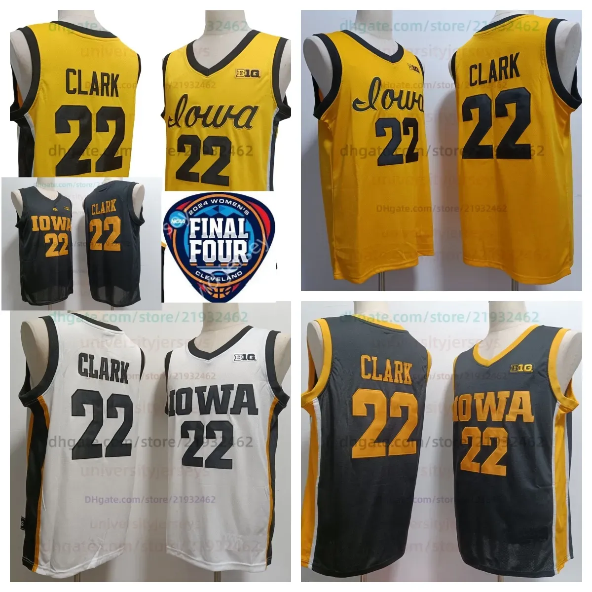 2024 Final Four Jerseys Women College Basketball Iowa Hawkeyes 22 Caitlin Clark Jersey Home Away Yellow Black White Men Youth Kid Girl