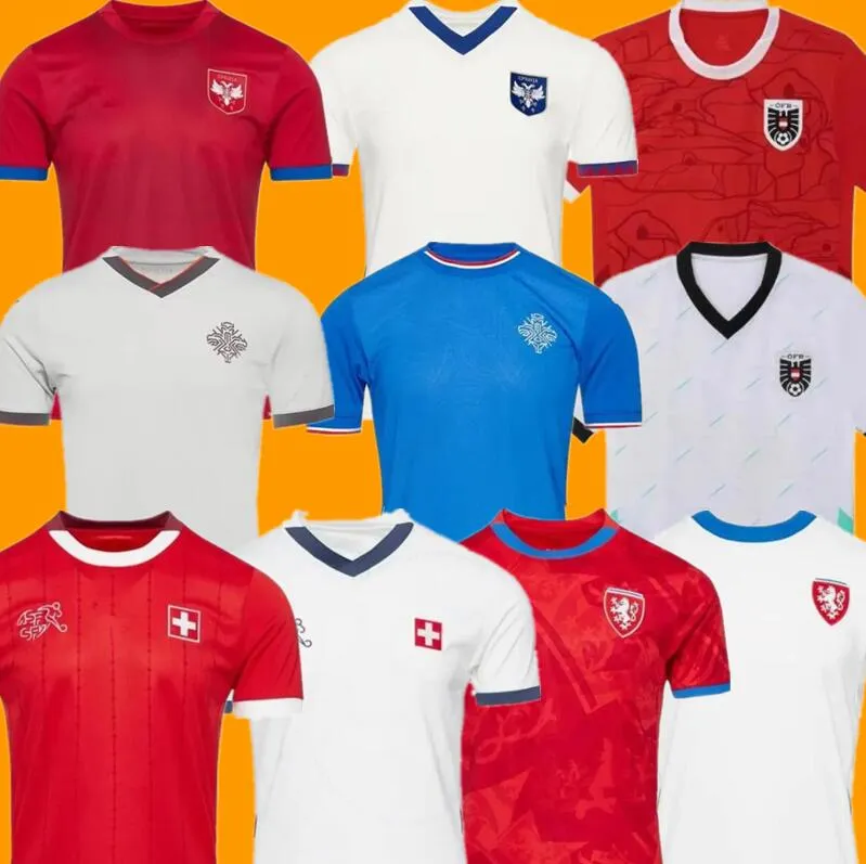 Novo Camisas de futebol da República Tcheca, Suíça, Afterado, Afustria 24/25 Áustria Azul Vermelho Branco Branco 2024 2025 Islândia Camisas de futebol esportivo Sportswear Sérbia Camisola Euro Cup 888