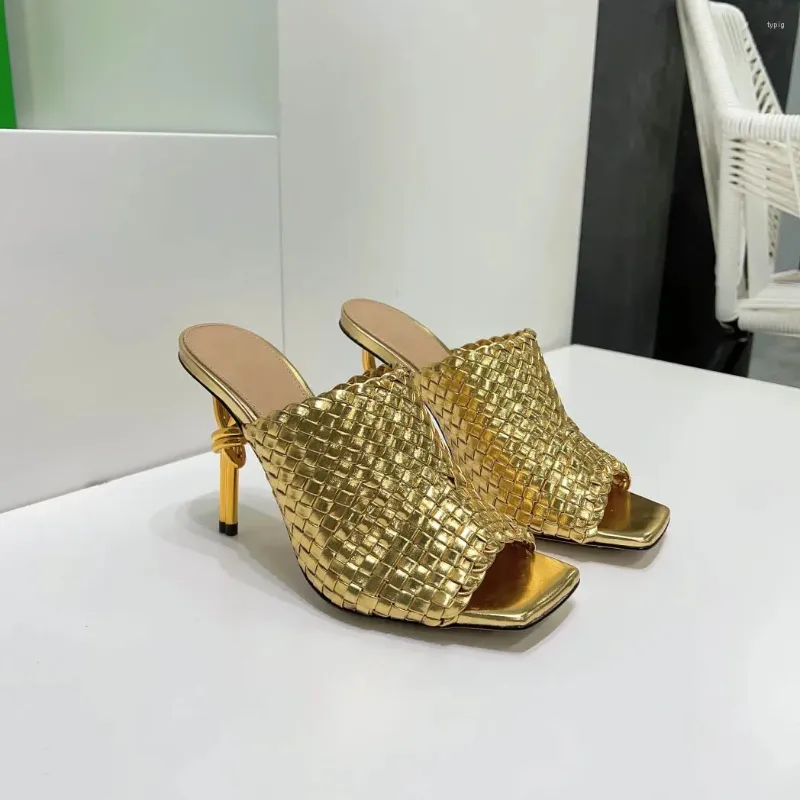 Sandals 2024 Autumn Women Lady Slippers Square Toe Shoes Weave High Heels Sexy Genuine Leather Fashion Loafer Woman