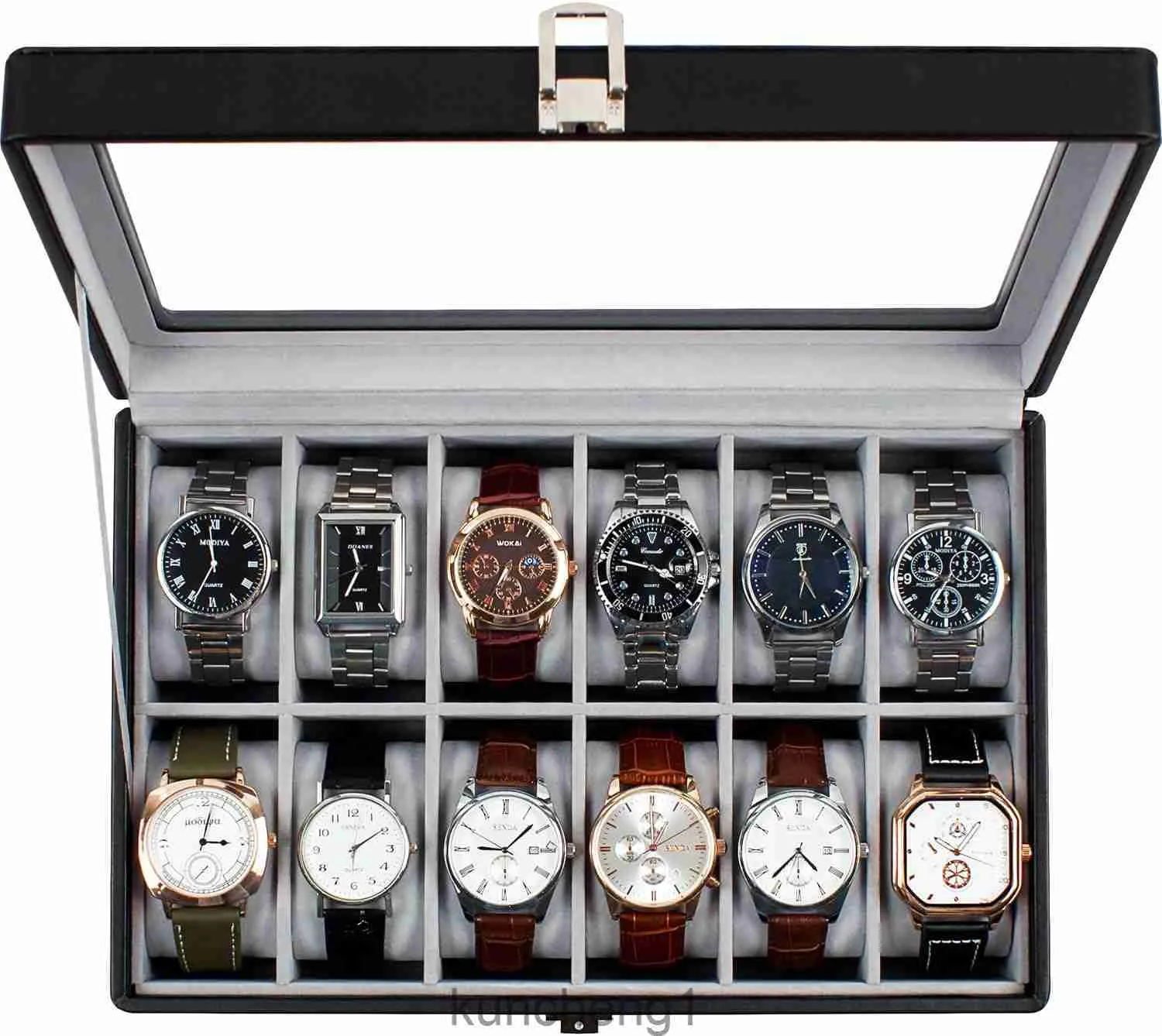 Guka Watch Box 12 Slot Watch Case med stort riktigt glas lock Watch Organizer med avtagbar klockkudde svart syntetisk läderklocka
