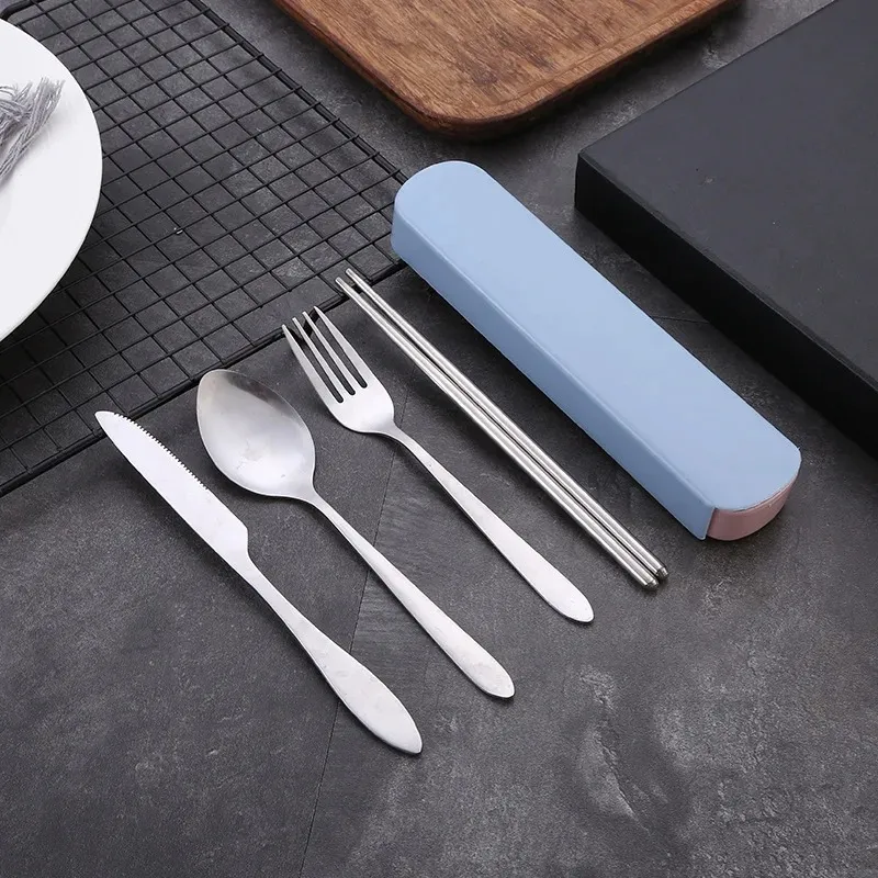 Travel Camping Cutlery Set Portable Tableware Stainless Steel Chopsticks Spoon Fork Steak Knife with Storage Case