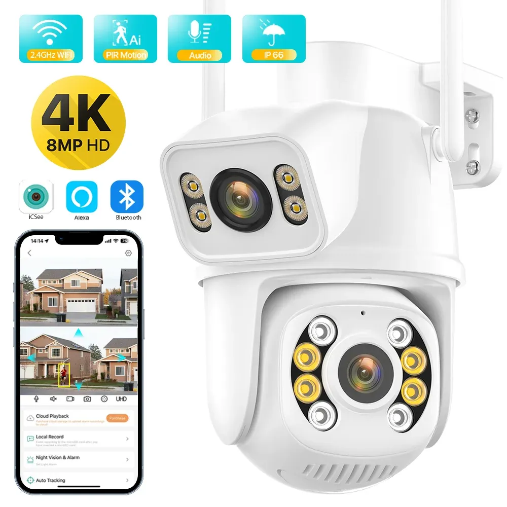 Cameras 8MP 4K HD WiFi IP Camera Outdoor PTZ Duallens DualScreen Ai Human Detection onvif P2P Sécurité de sécurité Caméra ICSEE