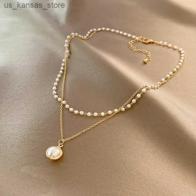 Pendanthalsband 2024 Nya kvinnors pärlhalsband Kpop Gold Bead Pendant Halsband Gotiska dubbelskiktskedja Halsband Womens Fashion Jewelry240408