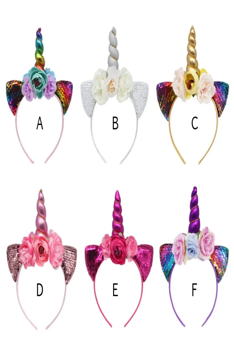 2019 Glitter Metallic Headband Girls Chiffon Flowers Hairband For Kids leaf flower Unicorn Horn Party Hair Accessories2356314