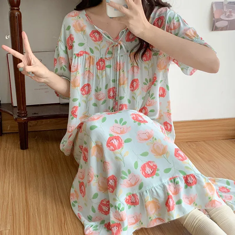 Katoen rayon nachtkleding vrouwen Koreaanse losse zomer nachthowns vrouwelijke printen slaapkleding lange jurk zoete meiden nachtdress 240408