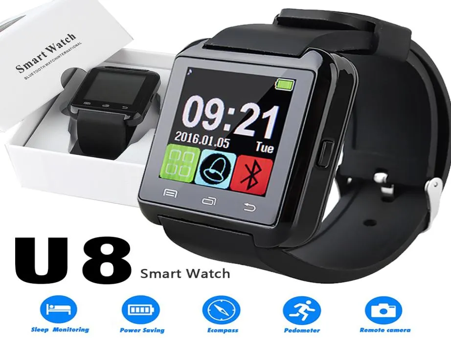 U8 Smart Watch Touch Screen Wrist Watches with Sleeping Monitor for iPhone 7 6 Samsung S8 Android IOS Cell Phone1430121
