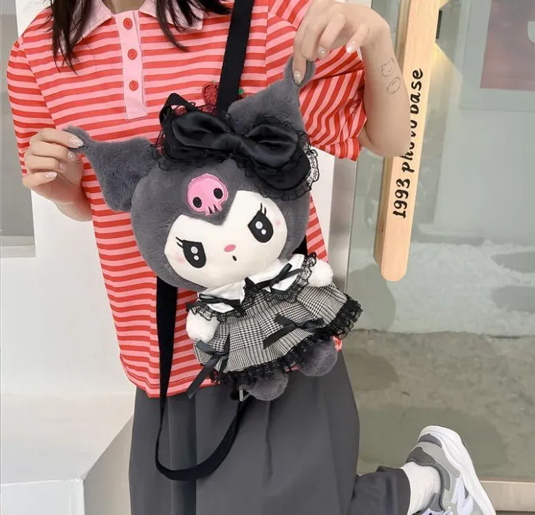 Kawaii Kuromi Melody Plush Backpack Soft Plush Zipper Double Shoulder Bag Kids School Bag Birthday Gift