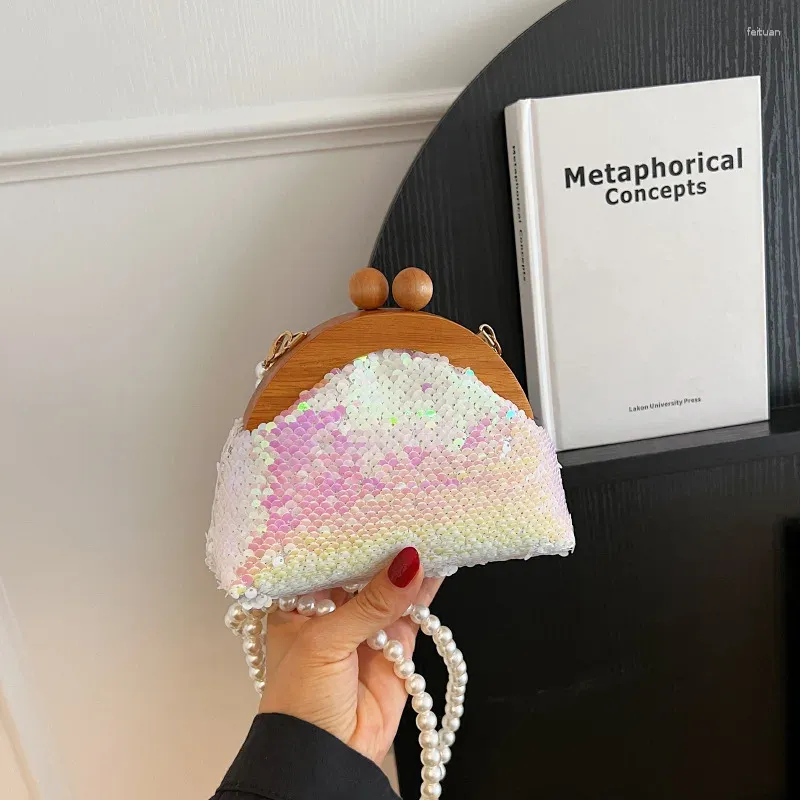 Evening Bags Shoulder Colorful Sequins Fashion Cute Wooden Clip Pearl Chain Crossbody 2024 Fashionable Style Bag For Women