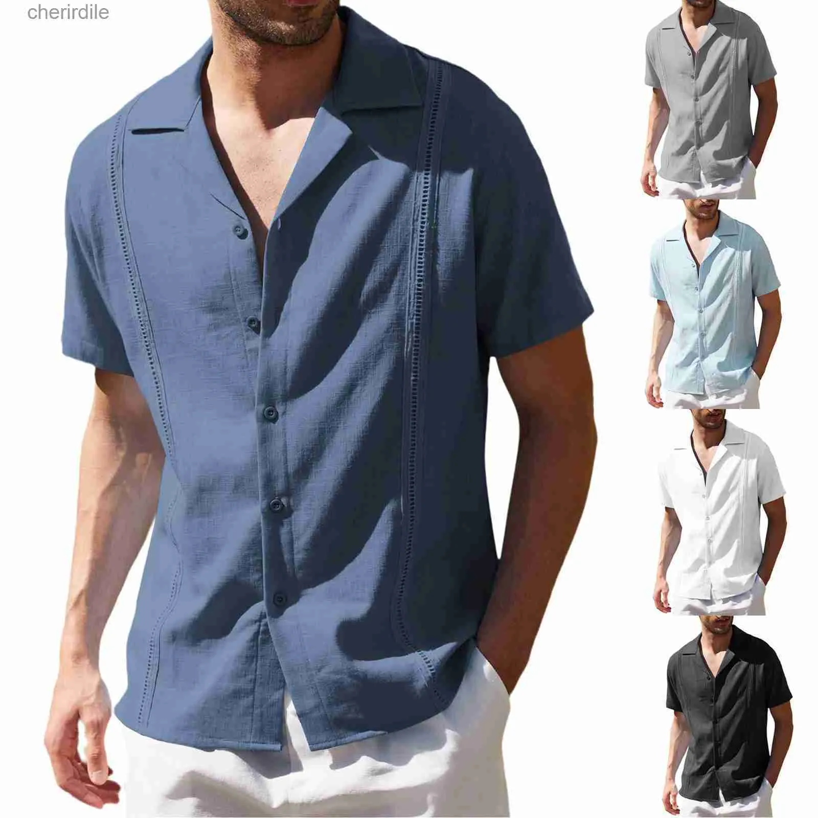 Camisas casuais masculinas masculinas tradicionais de camisa de acampamento cubano guayabera manga curta camisa masculina bordada macia e respirável Camisa de praia de coloração sólida yq240408