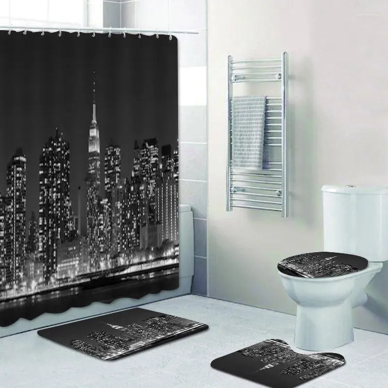 Shower Curtains Black White York City At Nights Lights Bathroom Set For Bathtub Skyline Toilet Home Decor Rugs Mats
