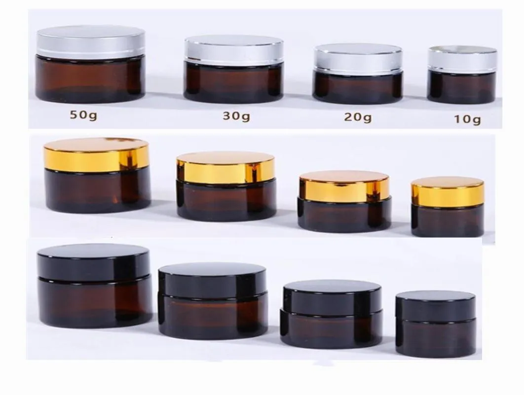 5g 10g 15g 20g 30g 50g Amber Brown Glass Cream Jar barattoli per trucco cosmetico Refilable Bottle Conteiner con argento dorato Black3892287