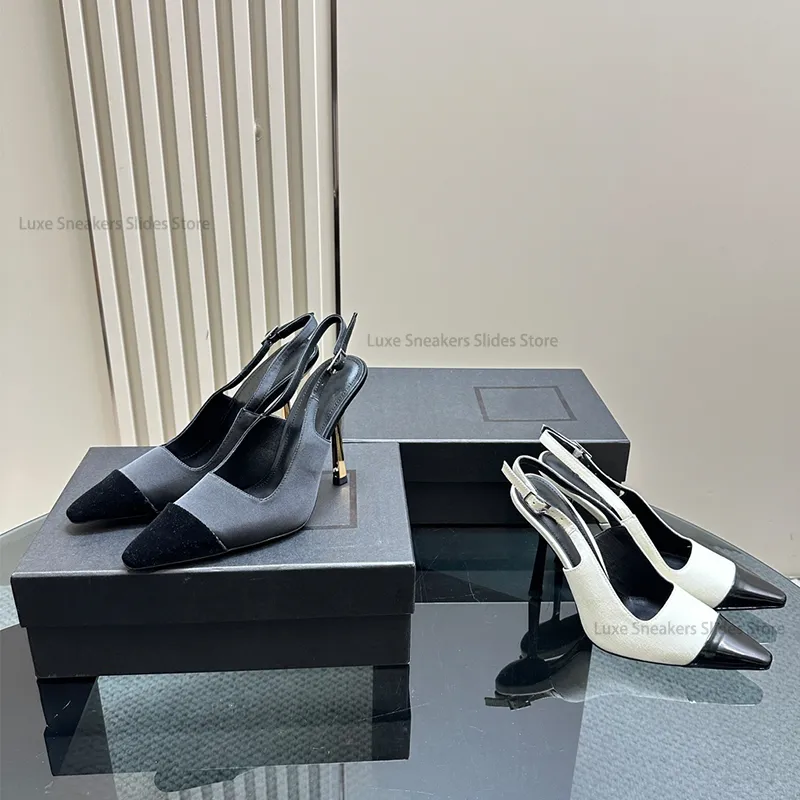 Slingback Women Satynowe obcasy Pumki szpilki szpilki Wskazane palce oryginalne skórzane sandały luksusowe designerskie sukienki buty wieczorowe buty z pudełkiem