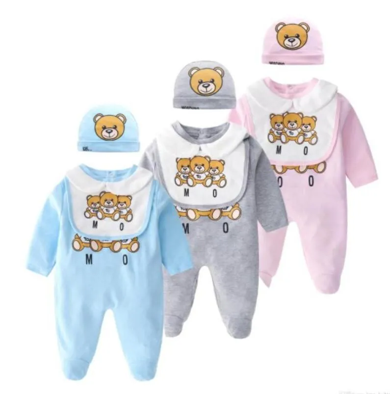 Retail neonate baby rompers 2 pc set tuttoni set con tappo in cotone orso stampato di tuta da cognello Onepiece Autfit Supuits Toddle Infant Kids 6038135