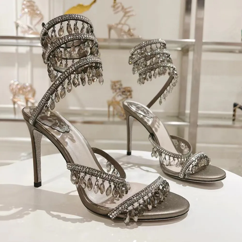 RENE CAOVILLA CRYSTAL CHANDELIER HIGH-HEELED SANDALS女性のおとぎ話スタイルラグジュアリーダイヤモンドセルペンティンラップローマのハイヒール10cm Design9umf＃